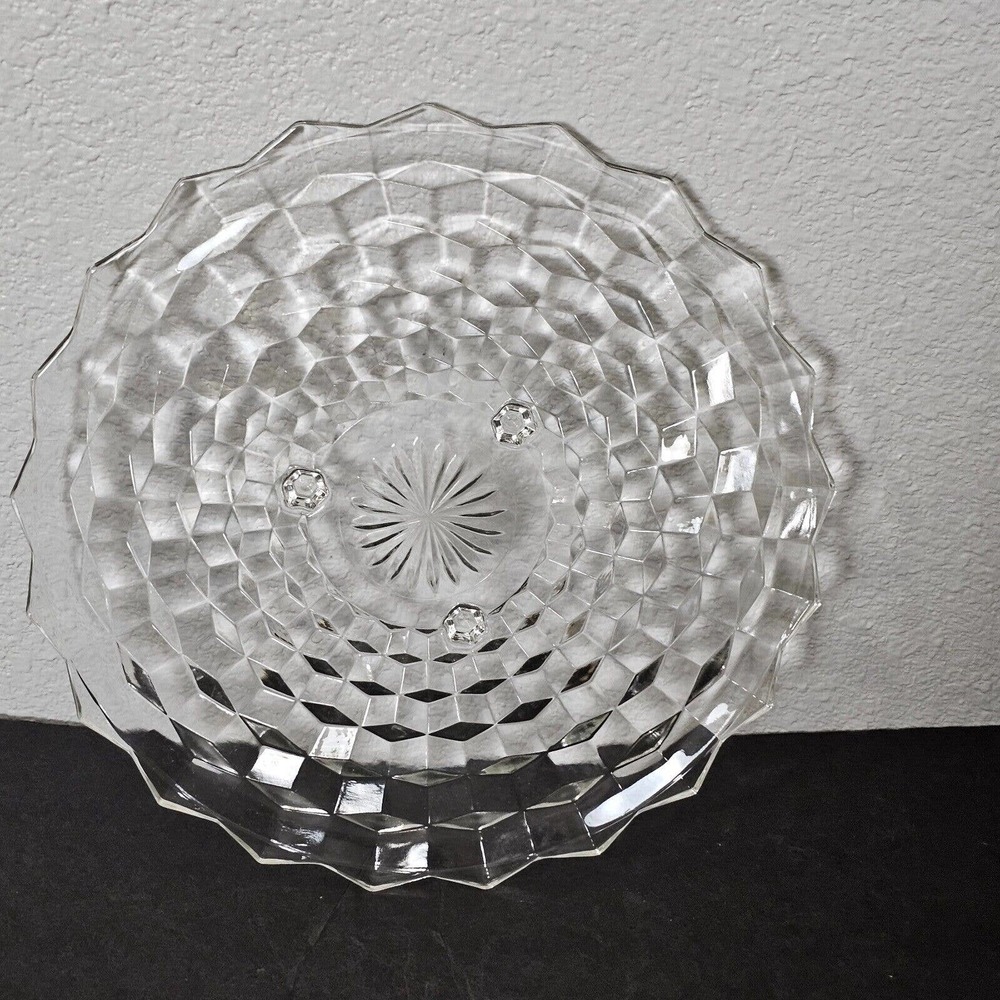 Vintage Indiana Glass Whitehall Round Footed Clear Cake Plate Cube Platter 12 in